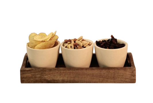 3 Ceramic Snack Bowls with Mango Wood Tray for Nibbles & Appetizers