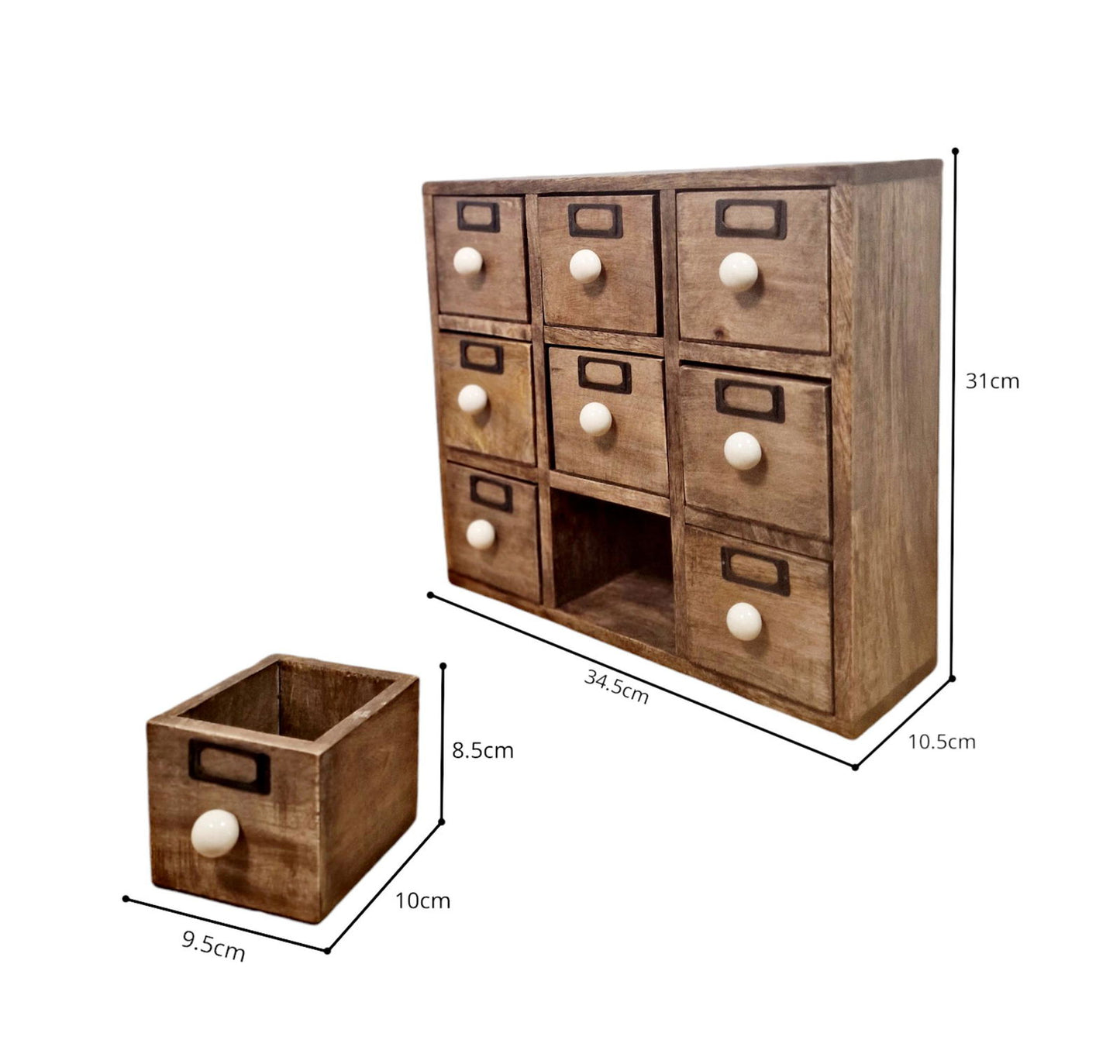 Solid Mango Wood Trinket Chest with Ceramic Knob Handles - 9 Drawer Organizer