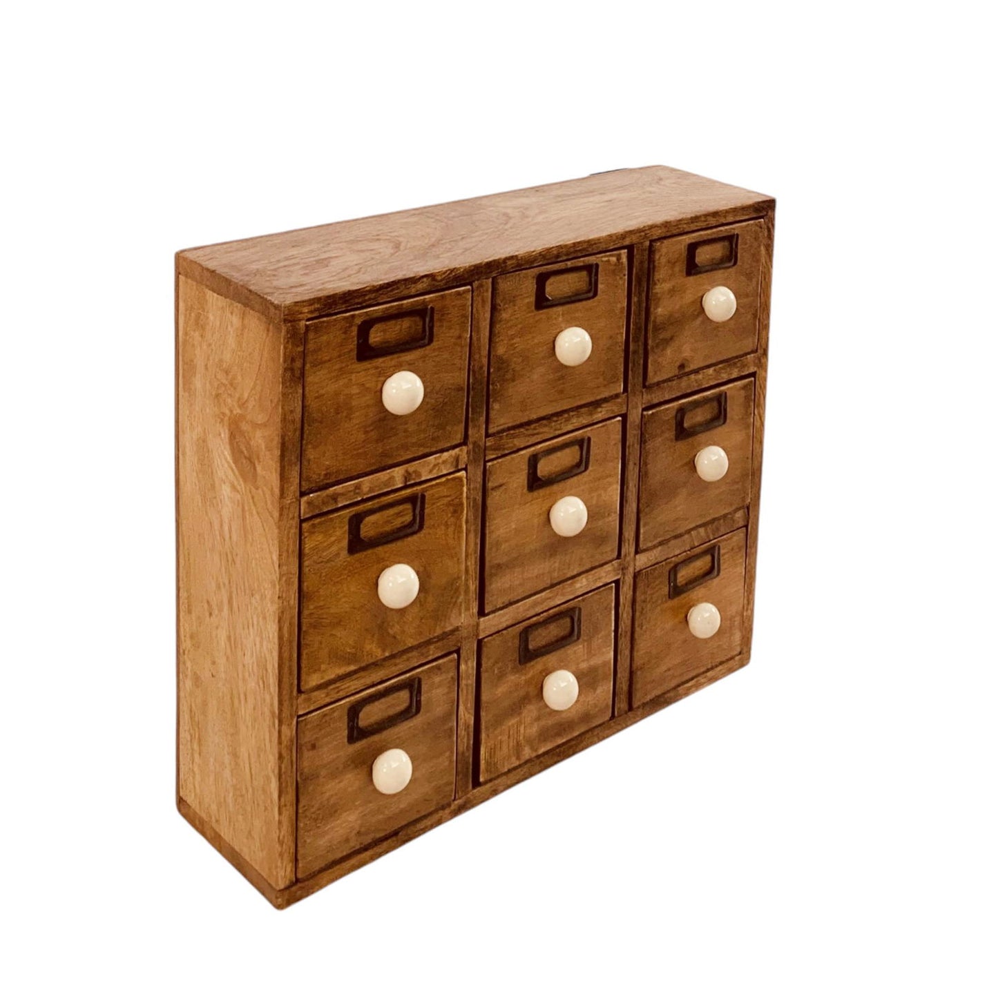Solid Mango Wood Trinket Chest with Ceramic Knob Handles - 9 Drawer Organizer