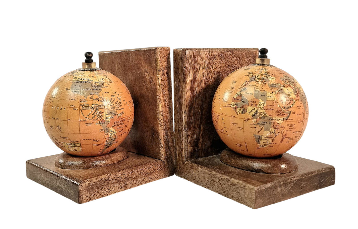 World Globe Bookends Set Mango Wood Decorative Pair for Home Office