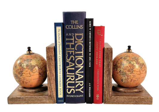 World Globe Bookends Set Mango Wood Decorative Pair for Home Office