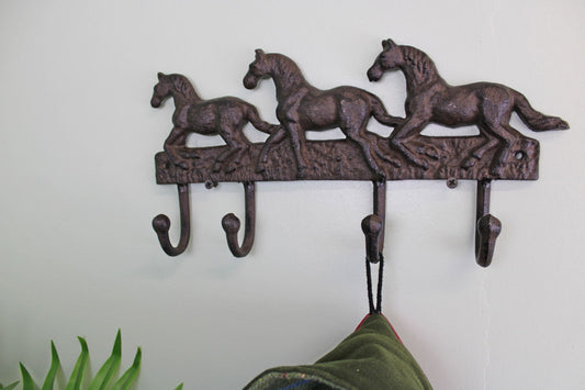 Rustic Cast Iron Wall Hooks Set of 3 Horse Decor Vintage Home Accessories
