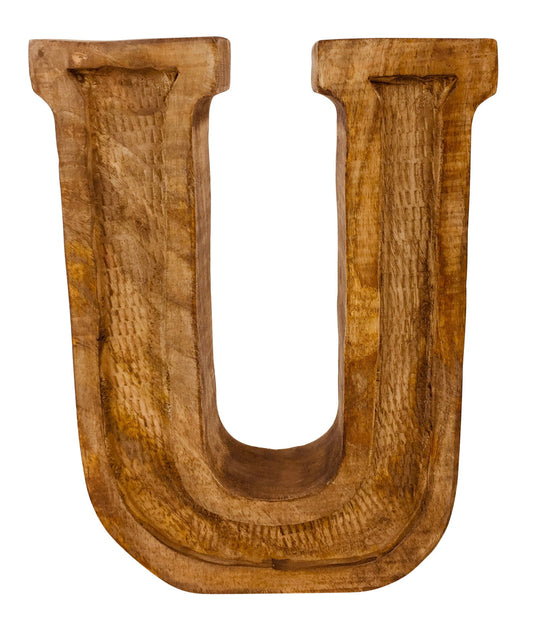 Hand Carved Wooden Letter U Unique Embossed Home Decor Rustic Wall Art