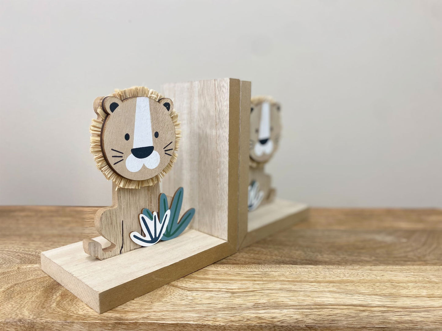 Set of 2 Wooden Lion Bookends - Unique Home Decor Gift Idea