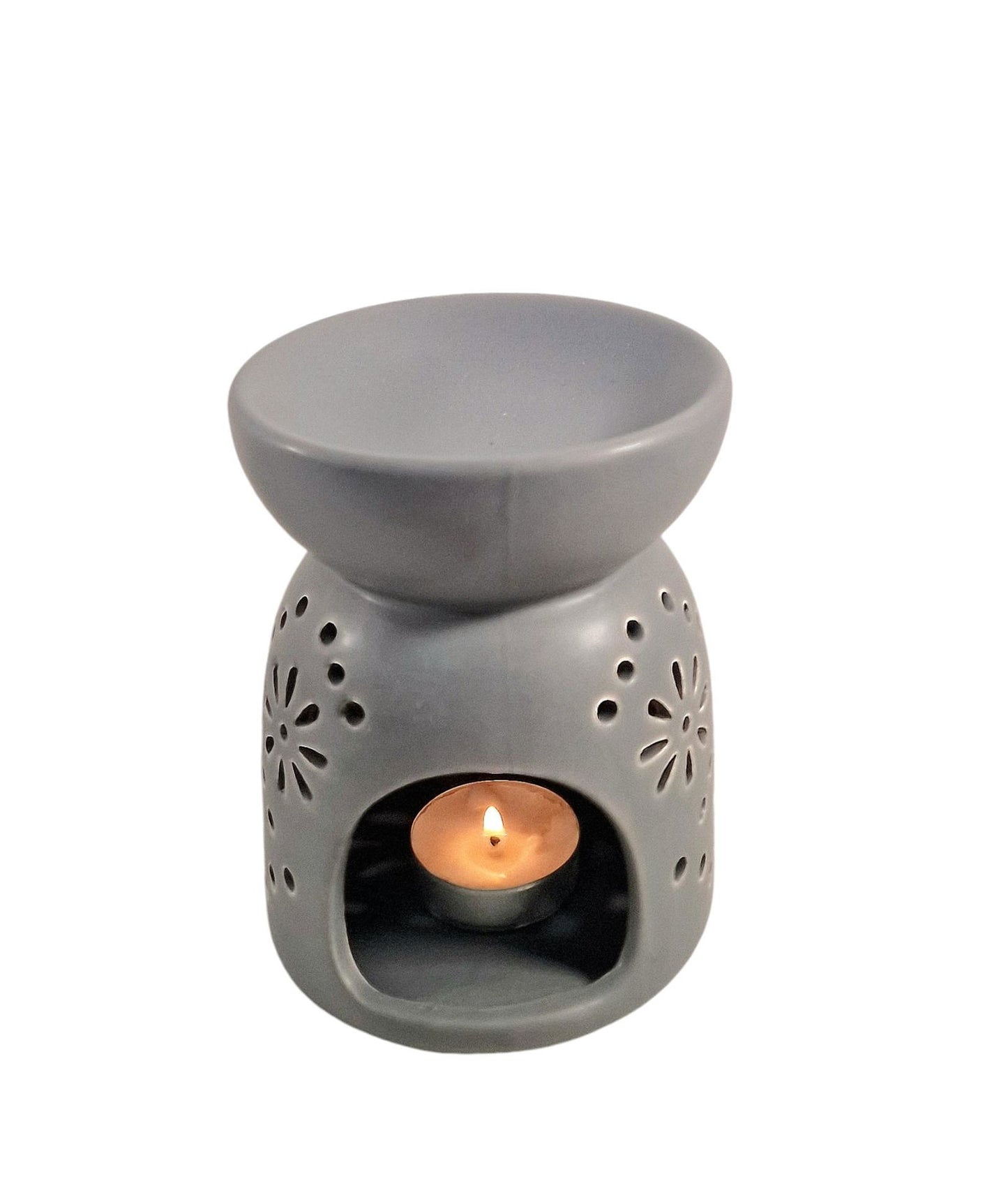 Grey Oil Burner with Patterned Holes Perfect for Home Decor