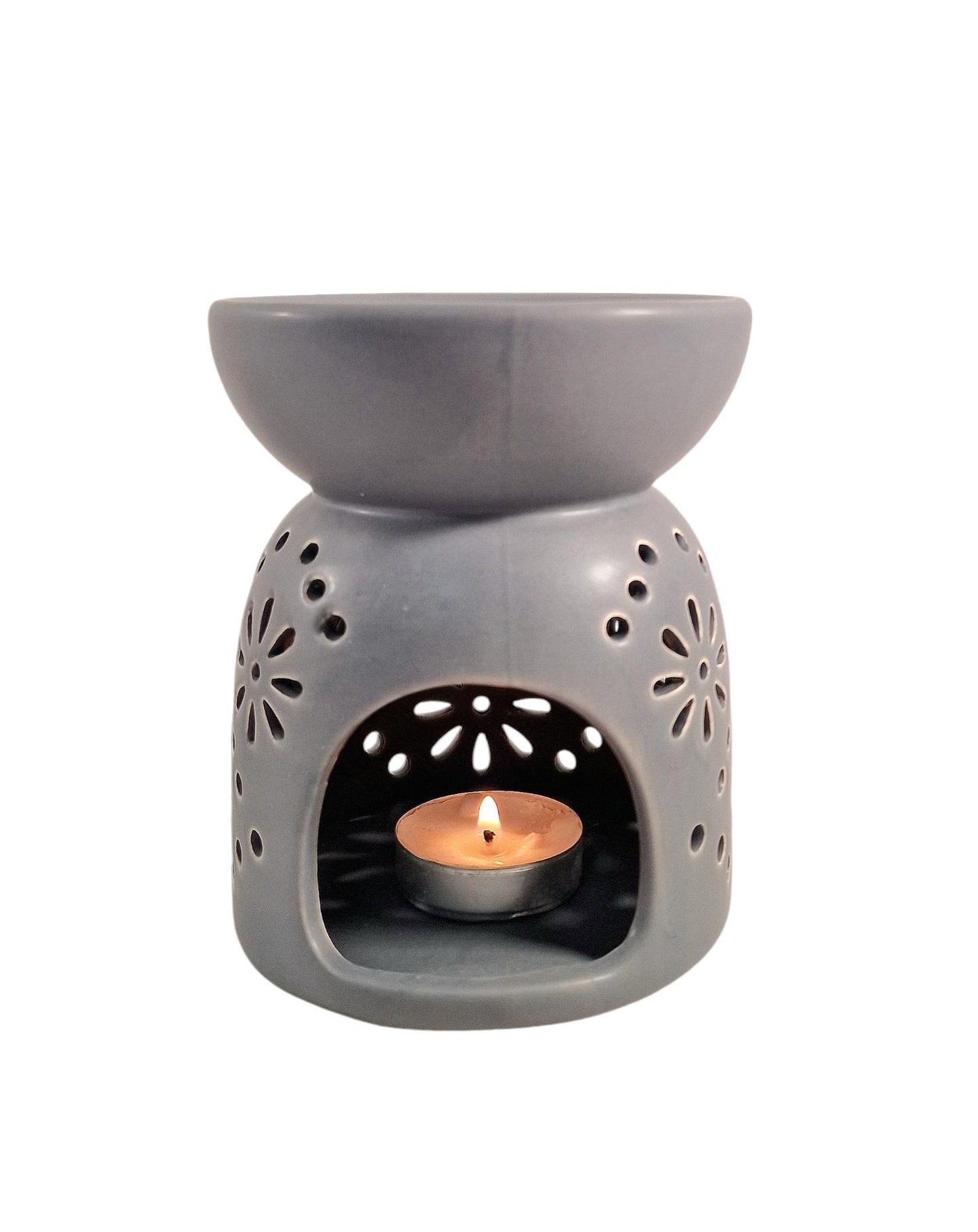 Grey Oil Burner with Patterned Holes Perfect for Home Decor