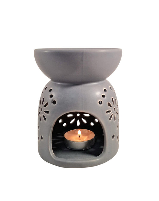 Grey Oil Burner with Patterned Holes Perfect for Home Decor