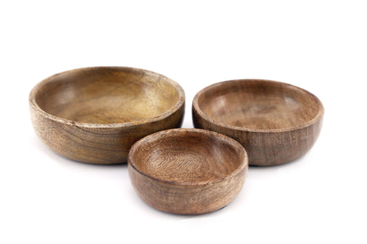 Mango Wood Round Bowls Set of 3 Eco-Friendly Kitchenware Rustic Home