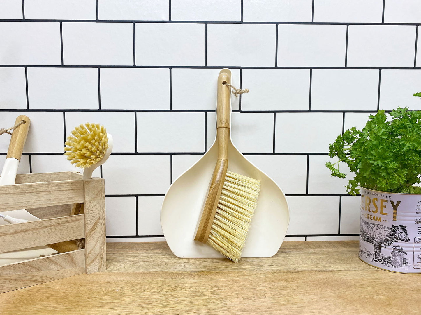 Cream Dustpan and Bamboo Brush Set Eco-Friendly Cleaning Tools