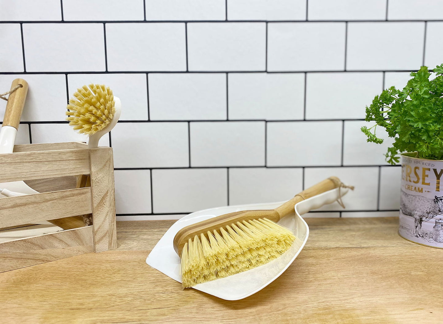 Cream Dustpan and Bamboo Brush Set Eco-Friendly Cleaning Tools