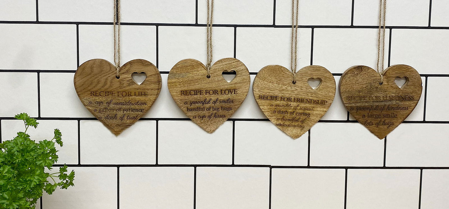 4 Black Etched Wood Heart Plaques Life Recipe Hanging Decor
