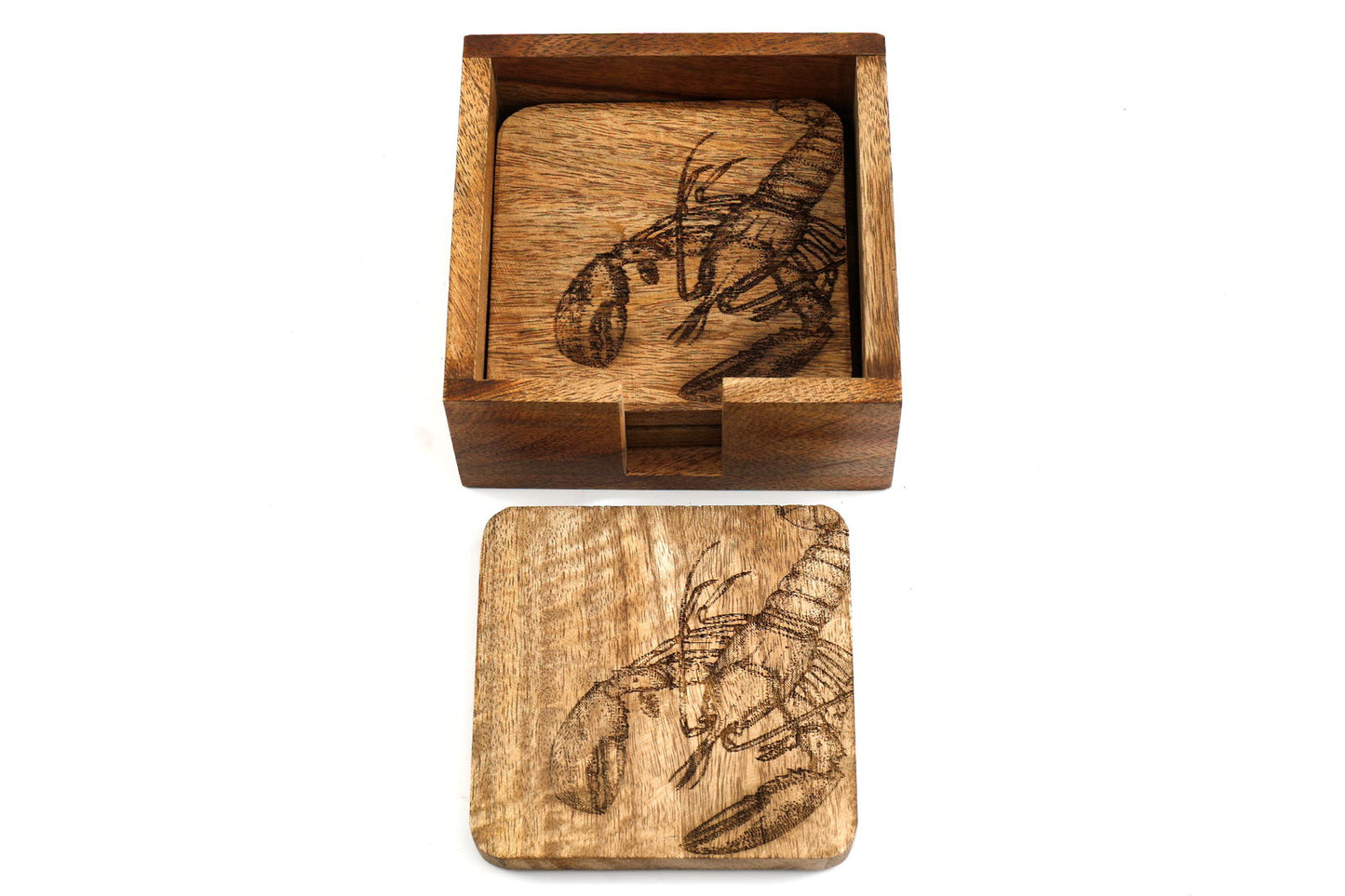 Set of 4 Wooden Engraved Lobster Coasters - Unique Nautical Home Decor