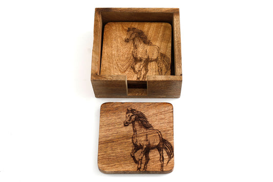 Set of 4 Wooden Engraved Horse Coasters - Unique Home Decor Gift Idea
