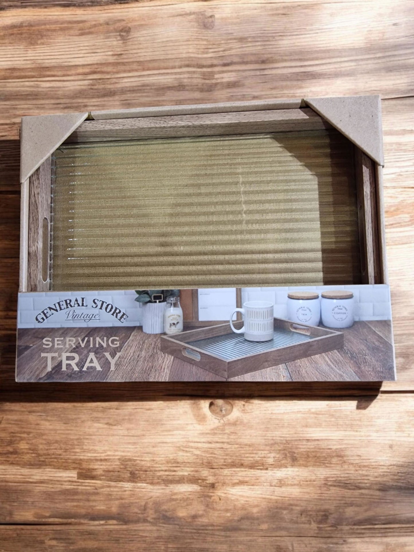 Ribbed Glass and Wood Serving Tray 30x40cm Stylish Home Decor