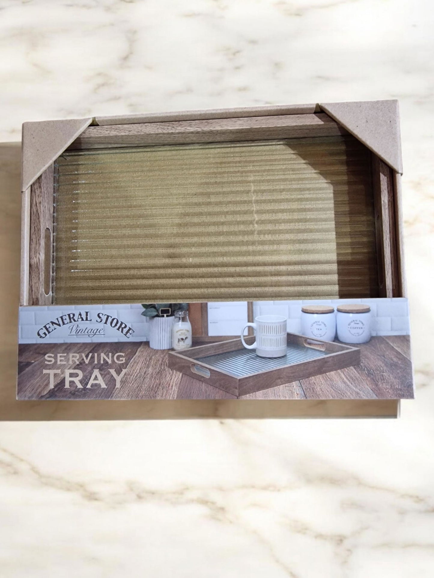 Ribbed Glass and Wood Serving Tray 30x40cm Stylish Home Decor