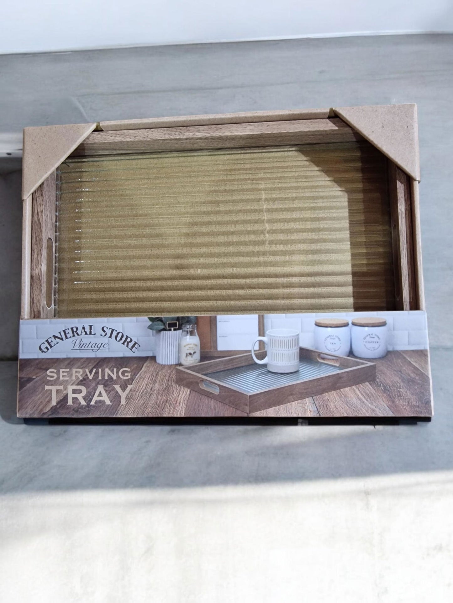 Ribbed Glass and Wood Serving Tray 30x40cm Stylish Home Decor