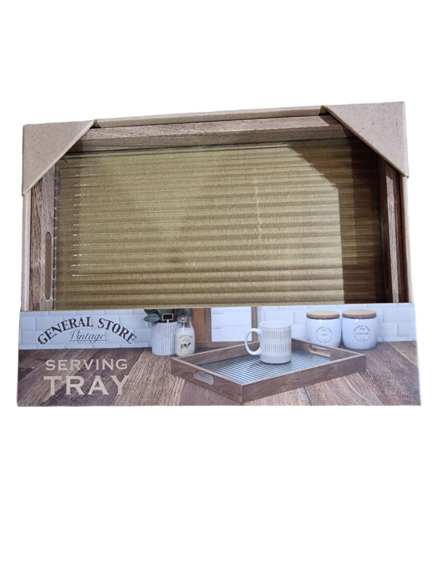 Ribbed Glass and Wood Serving Tray 30x40cm Stylish Home Decor
