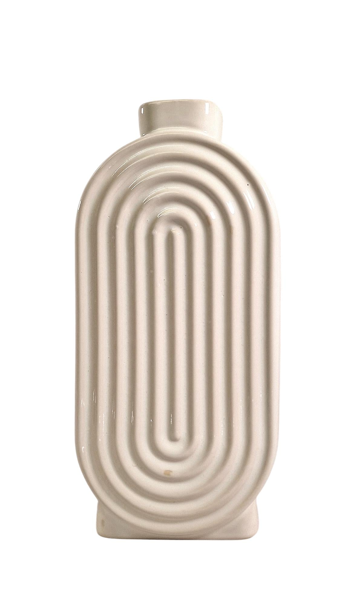 White Ribbed Oval Vase Elegant Home Decor Modern Design Perfect for Flowers