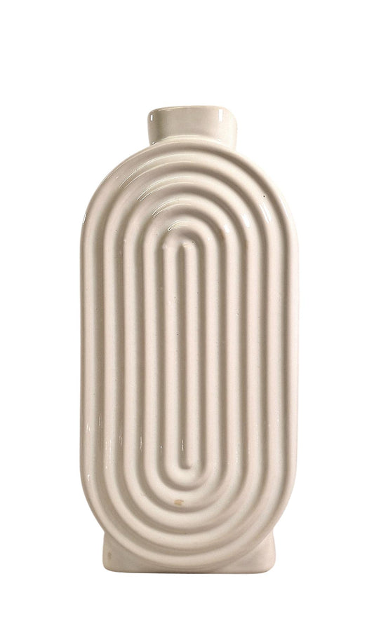 White Ribbed Oval Vase Elegant Home Decor Modern Design Perfect for Flowers