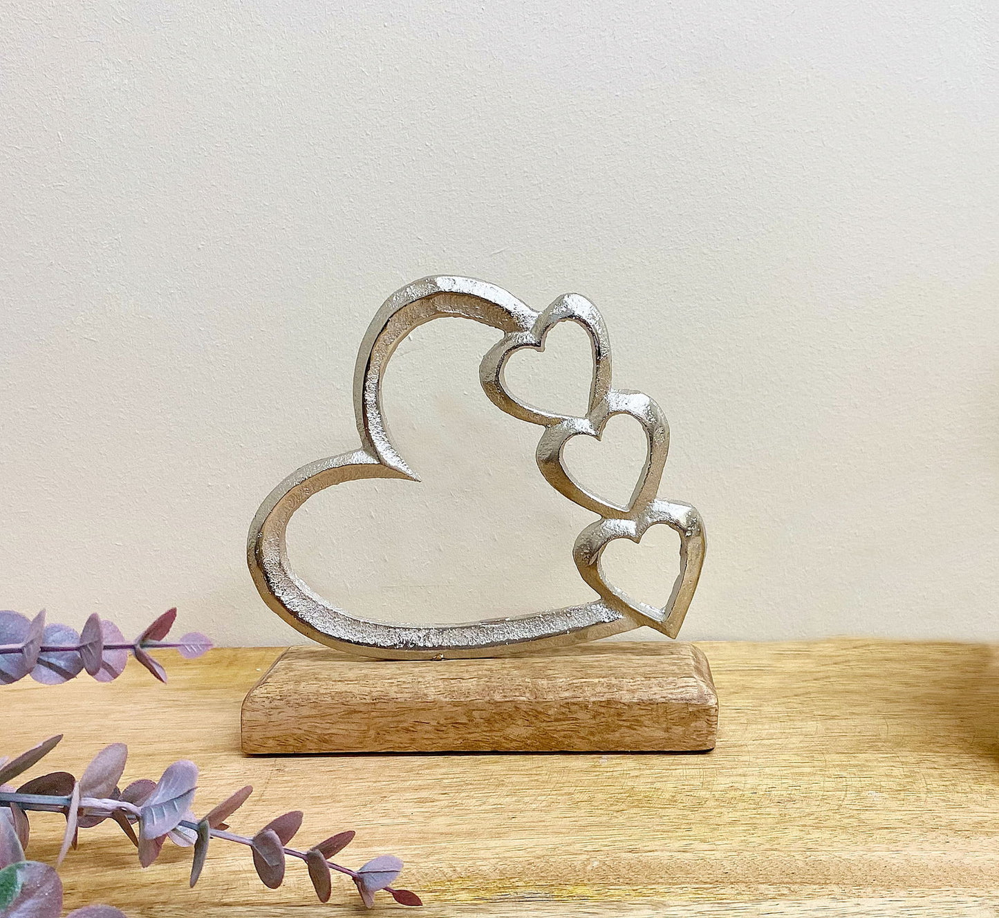 Small Metal Silver Heart Ornament on Wooden Base Four Hearts Design