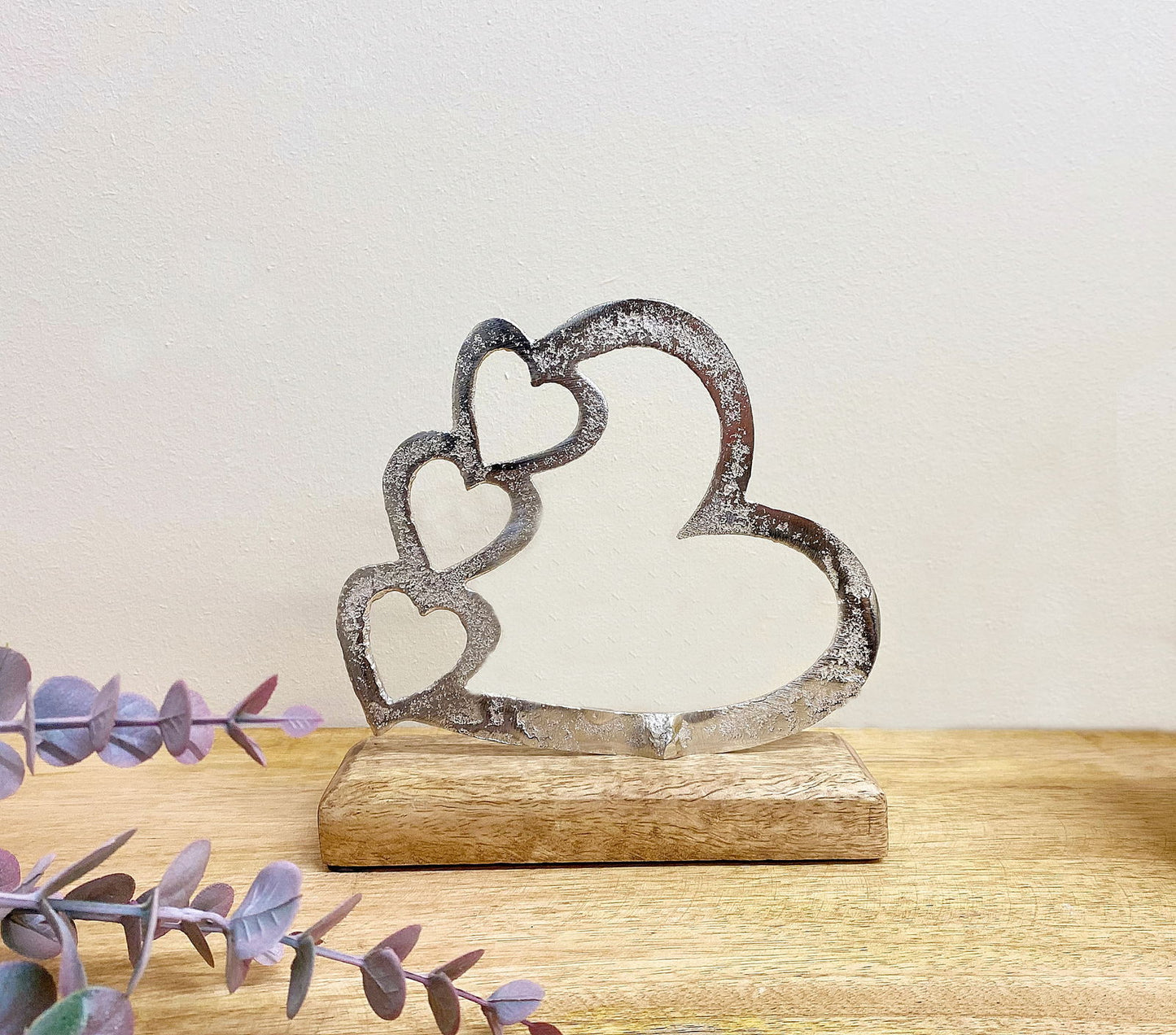 Small Metal Silver Heart Ornament on Wooden Base Four Hearts Design