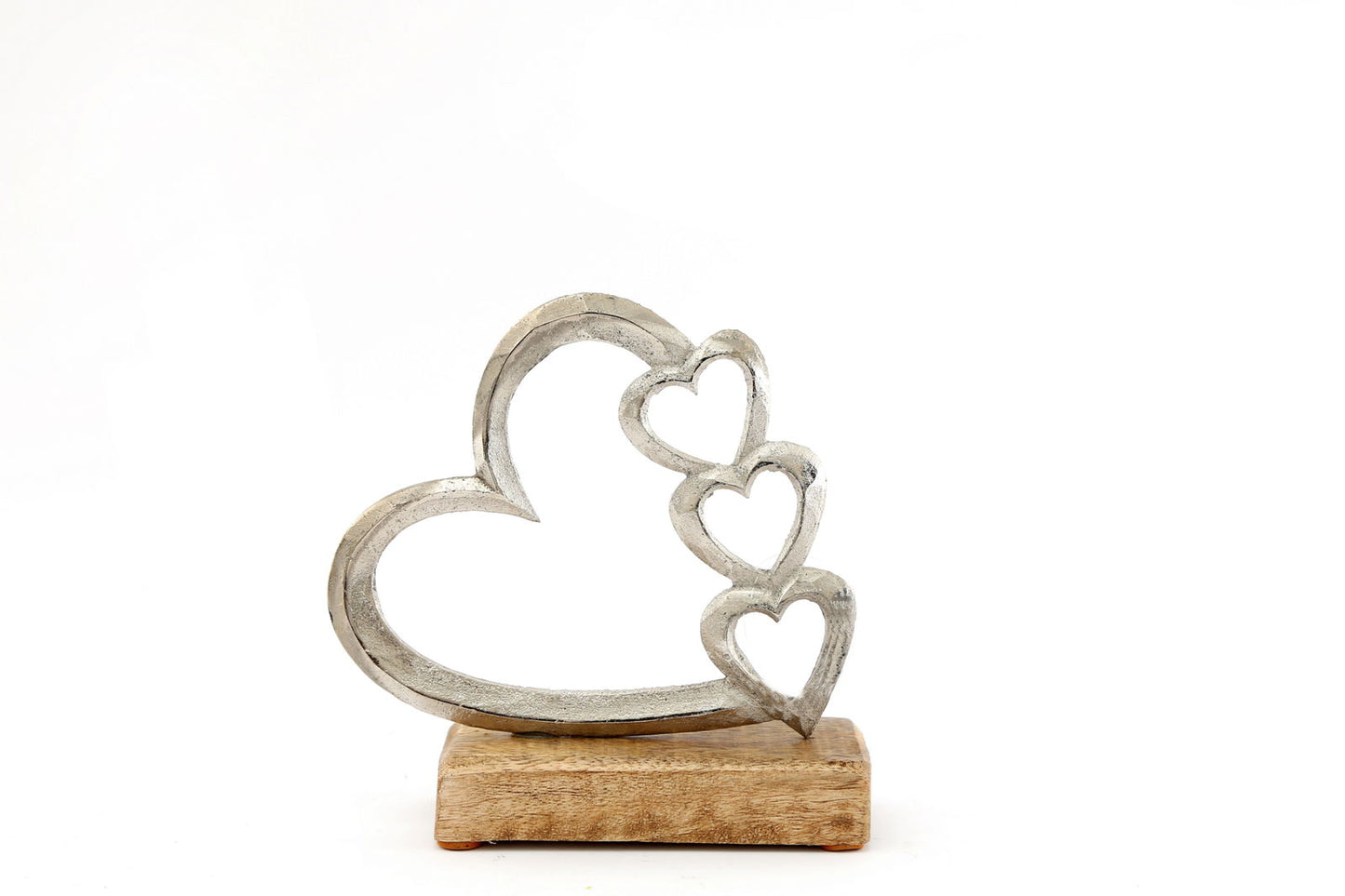 Small Metal Silver Heart Ornament on Wooden Base Four Hearts Design