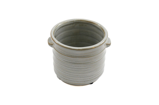 12.5cm Ceramic Grey Ribbed Planter with Handles Stylish Home Decor