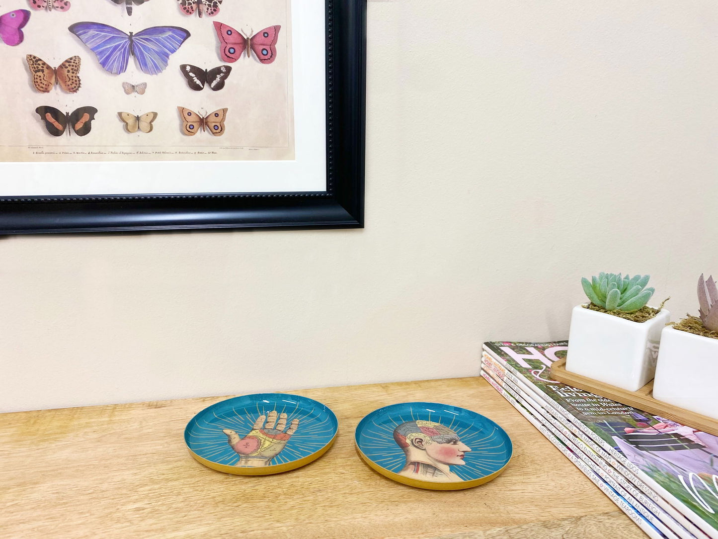 Set of 2 Metal Palm Phrenology Head Coasters - Unique Vintage Home Decor