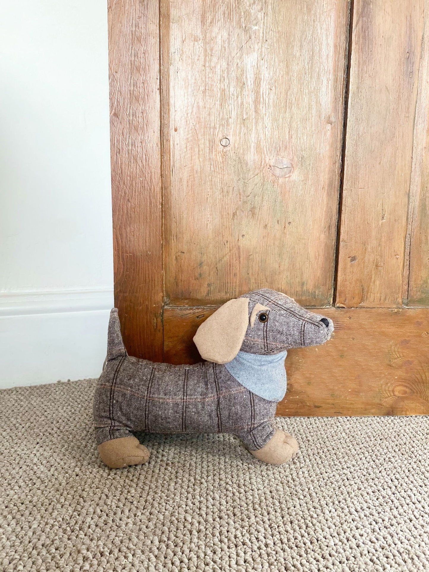Tartan Fabric Sausage Dog Doorstop Grey Bandana Cute Home Decor