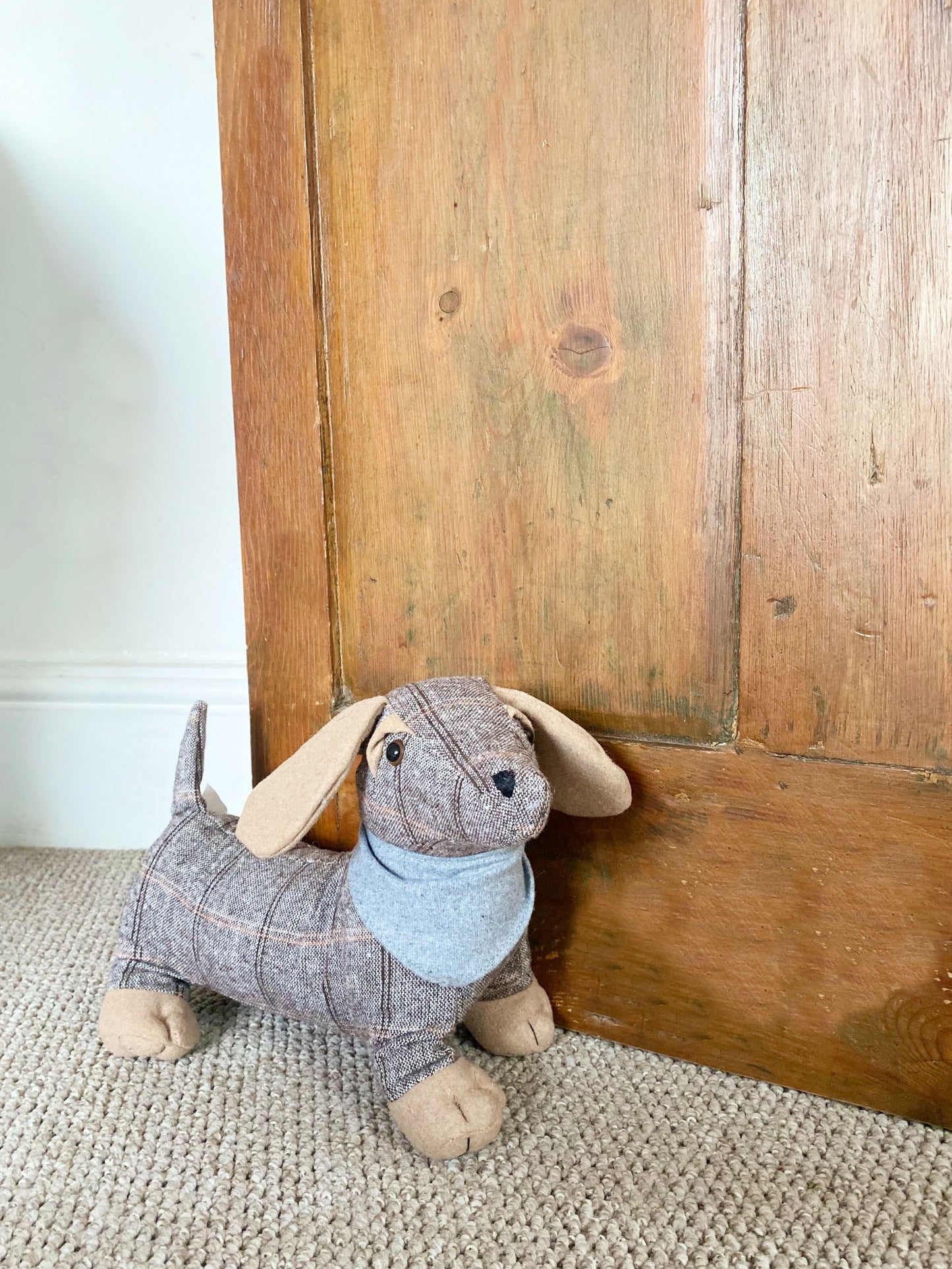 Tartan Fabric Sausage Dog Doorstop Grey Bandana Cute Home Decor