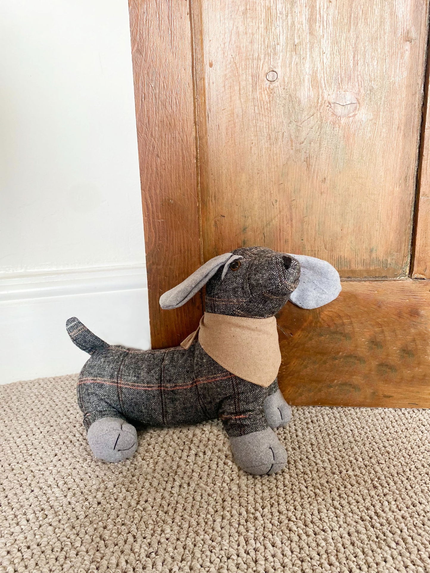 Tartan Fabric Sausage Dog Doorstop Natural Bandana Cute Home Decor