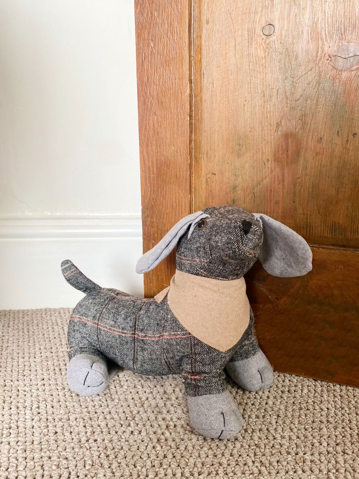 Tartan Fabric Sausage Dog Doorstop Natural Bandana Cute Home Decor