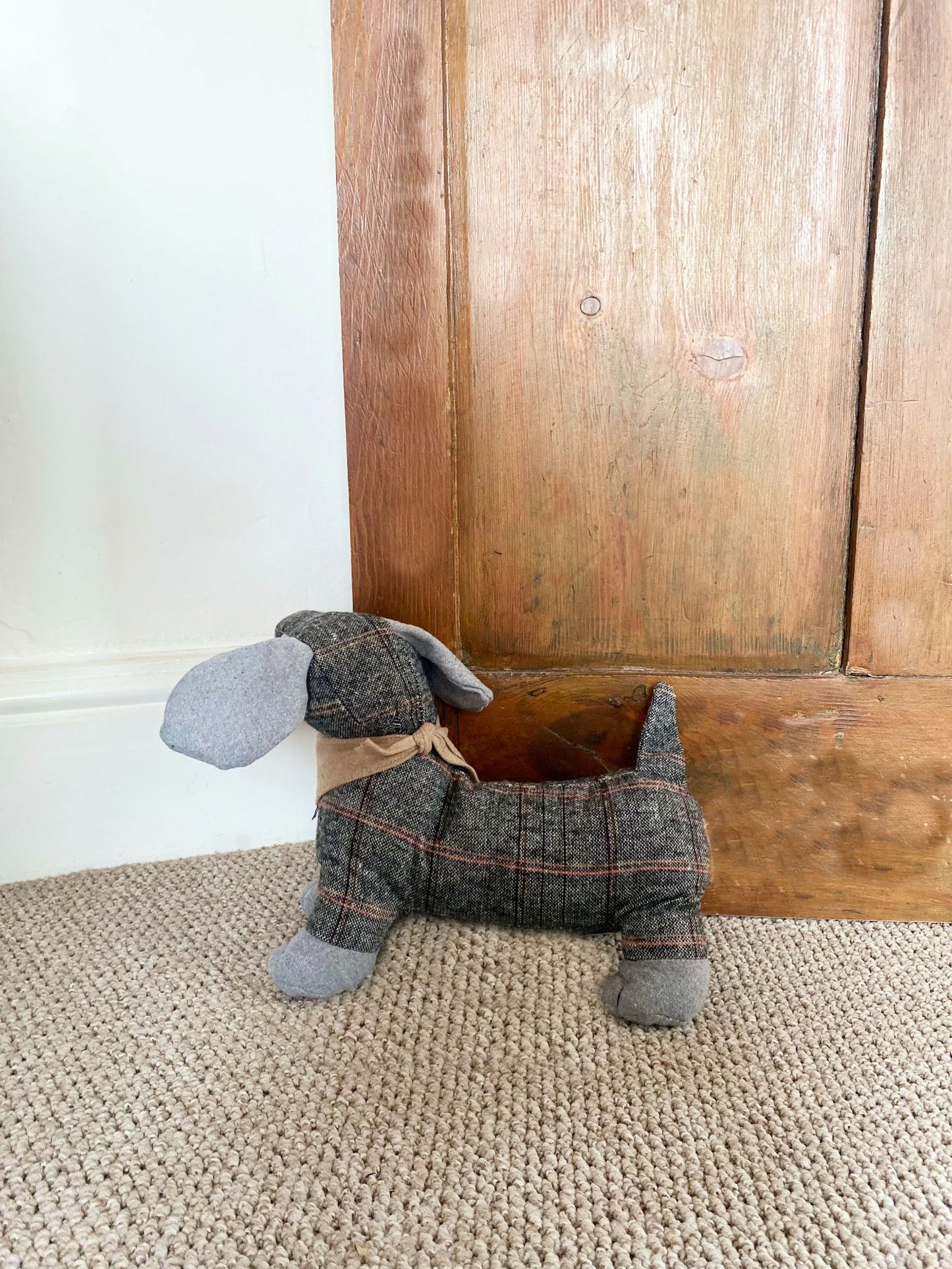 Tartan Fabric Sausage Dog Doorstop Natural Bandana Cute Home Decor