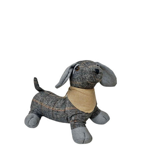 Tartan Fabric Sausage Dog Doorstop Natural Bandana Cute Home Decor