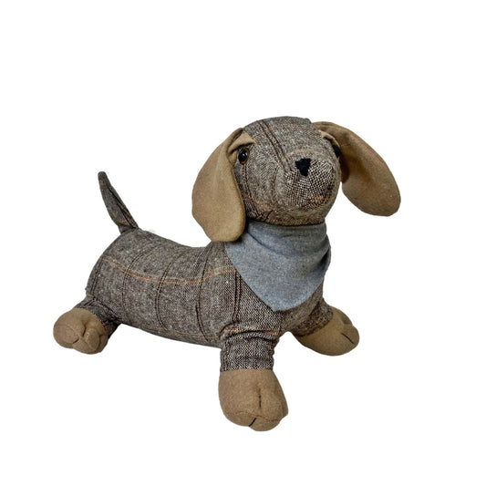 Tartan Fabric Sausage Dog Doorstop Grey Bandana Cute Home Decor