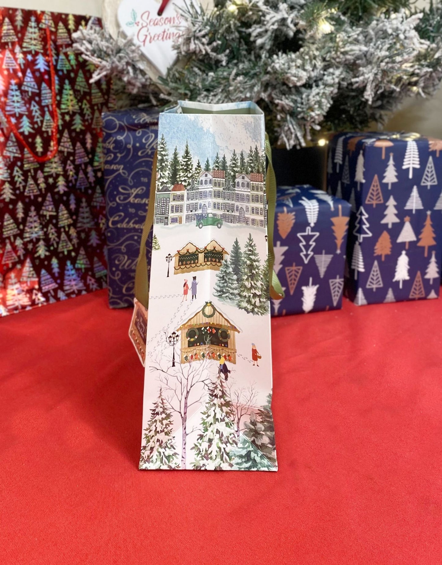 Christmas Market Gift Bag Themed 34cm Perfect for Holiday Gifts