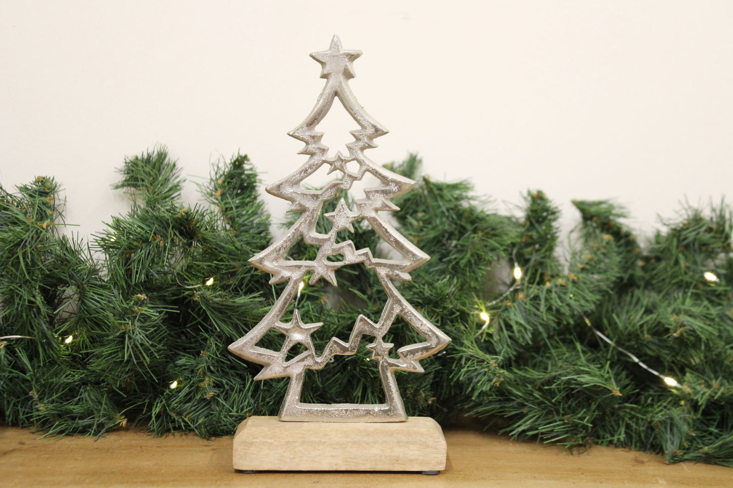 Small Silver Christmas Tree on Wooden Base Perfect Holiday Decoration