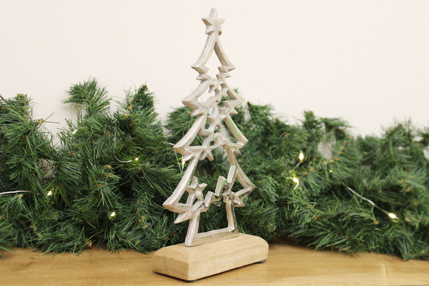 Small Silver Christmas Tree on Wooden Base Perfect Holiday Decoration