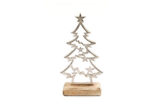 Small Silver Christmas Tree on Wooden Base Perfect Holiday Decoration