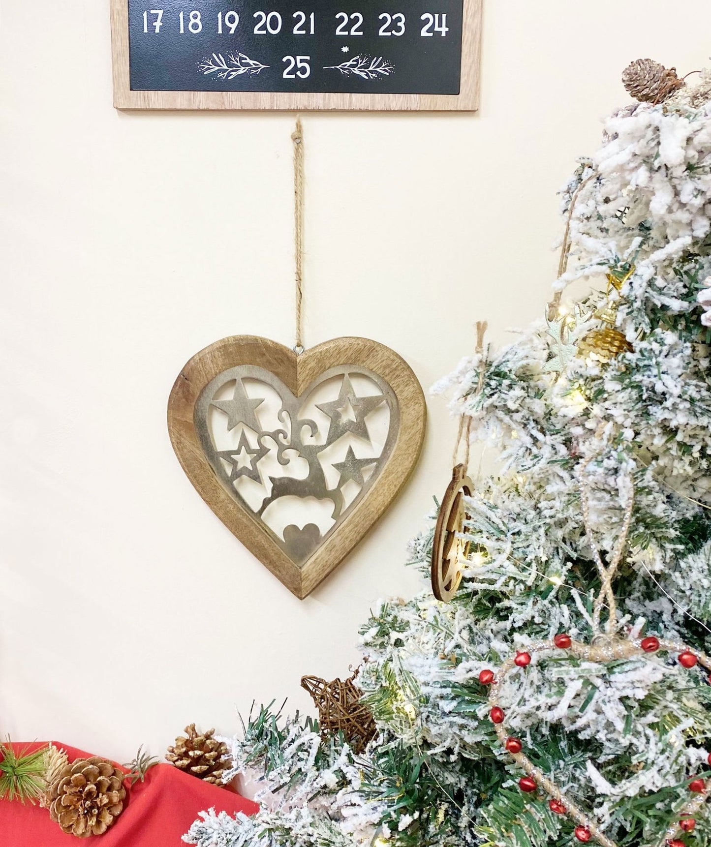 Rustic Wooden Heart Wall Decor with Metal Reindeer and Star Accents
