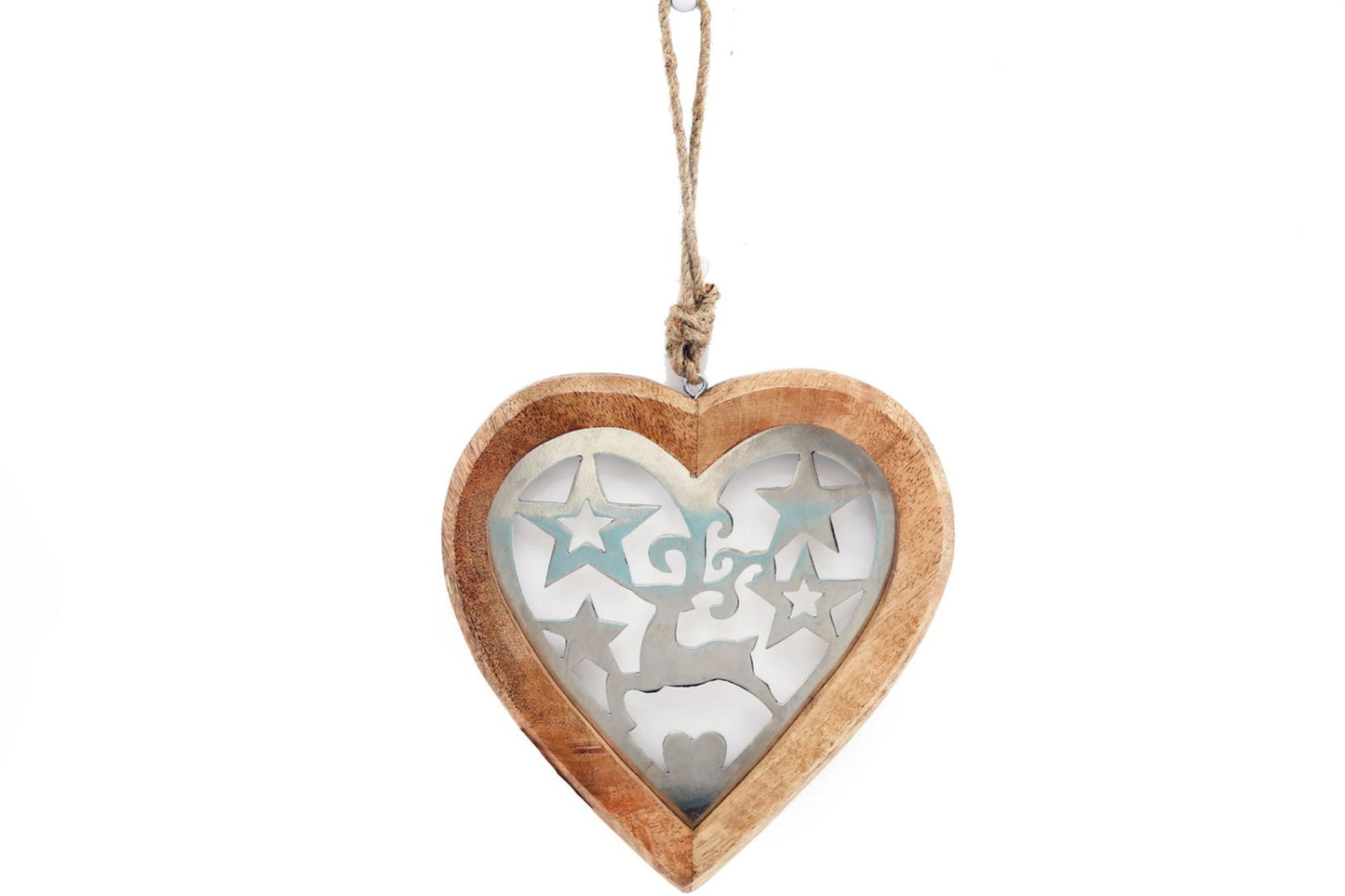 Rustic Wooden Heart Wall Decor with Metal Reindeer and Star Accents