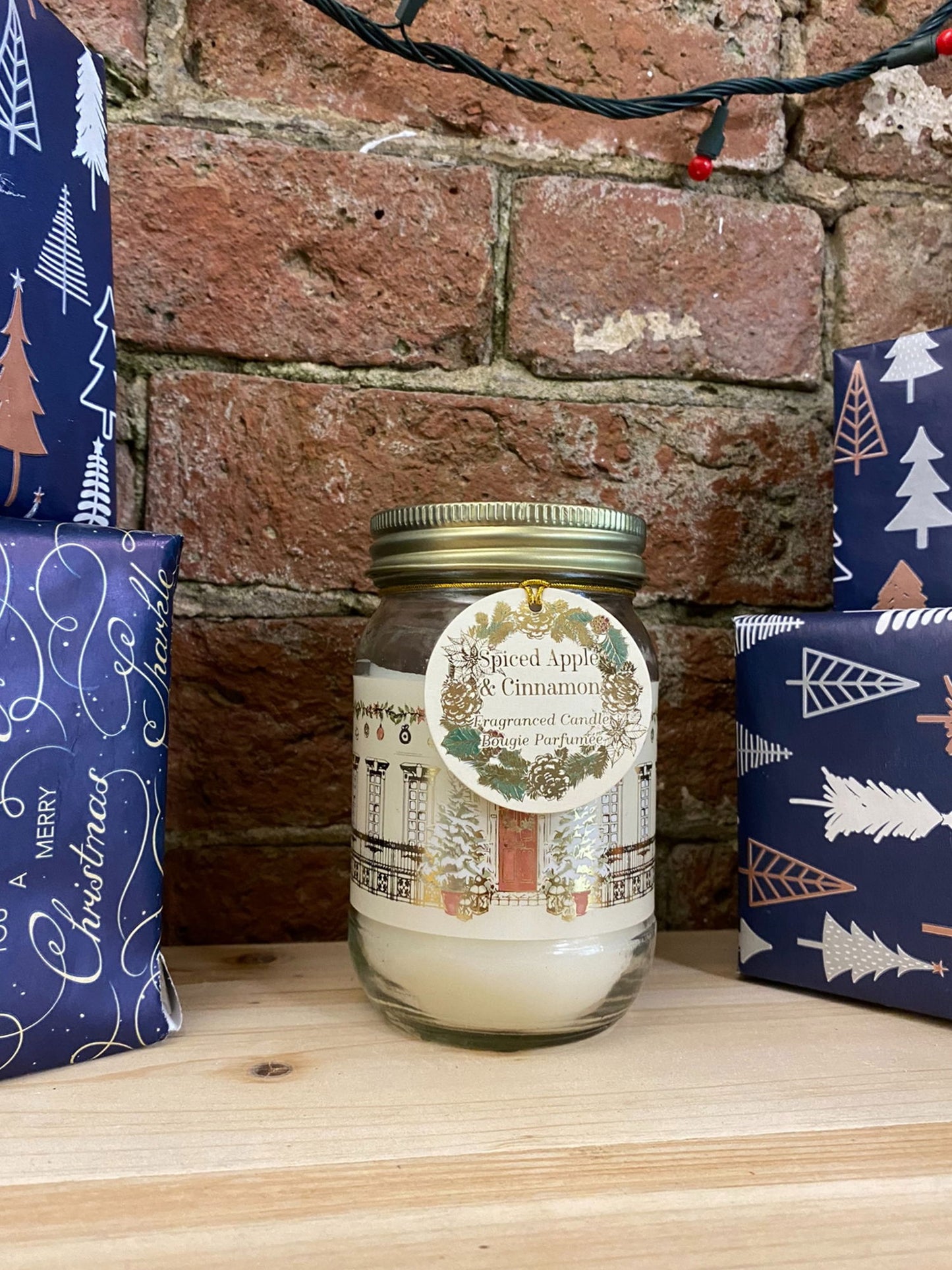 Christmas Candle Jar Traditional Gold & Cream Home Decor Festive Holiday