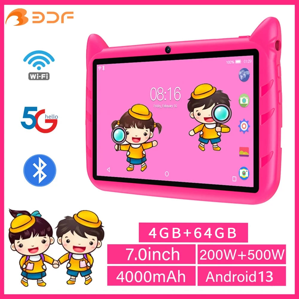 7" Kids Tablet Android 13, 4GB+64GB, 1TB Expand, 5G WiFi, 4000mAh, Dual Cam