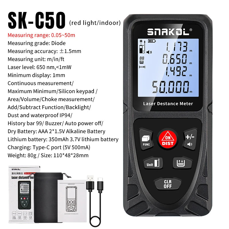 Laser Distance Meter 50M/165ft，Handle Digital Laser Measure UK