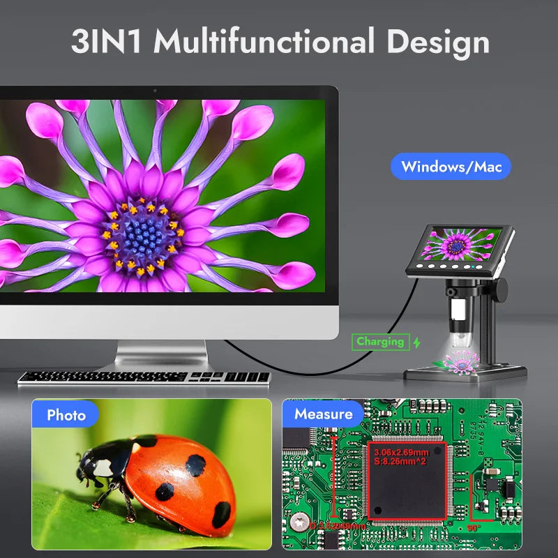 Digital Microscope 4.3" LCD Coin Microscope 1600x with Screen for PCB Repair 8 LEDs
