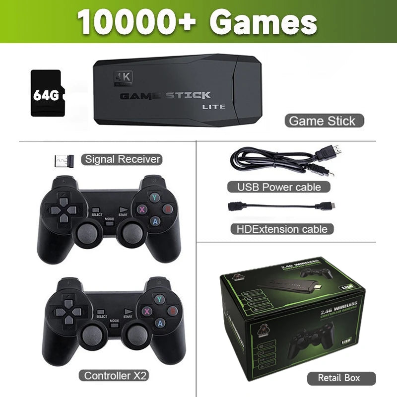 4K HDMI TV Game Stick Console Built-in 64GB 20000 Retro Games 2 Wireless Gamepad