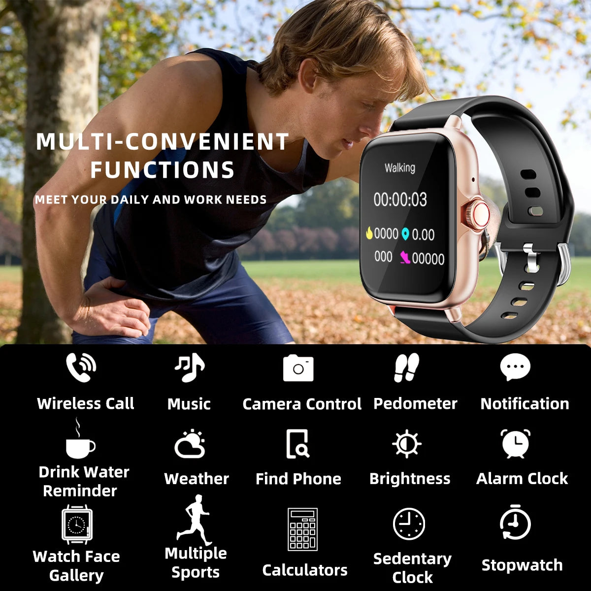 Waterproof Smart Watch – Call, Sleep Monitoring, Pedometer, Alerts, iPhone/Android