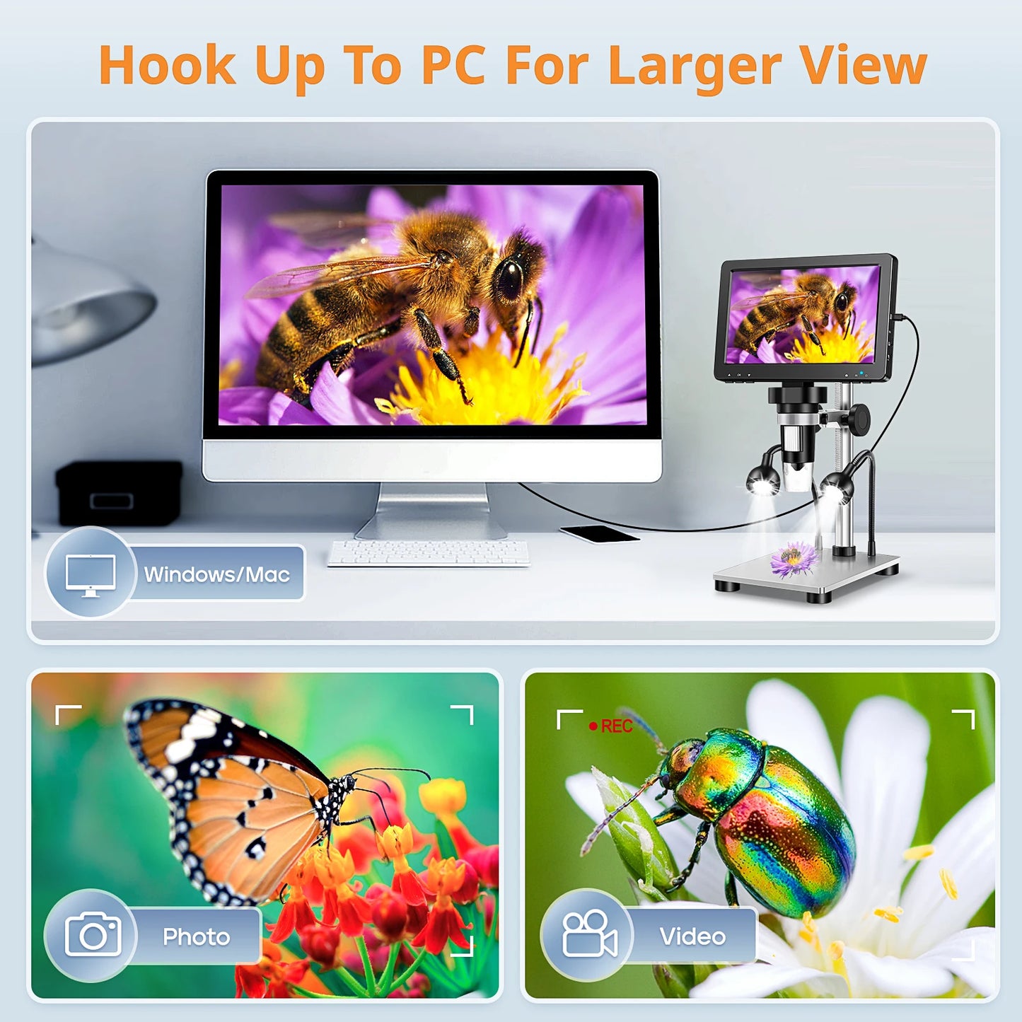 7" LCD Microscope 1200X 1080P Digital Microscope Video Recorder Camera For PCB