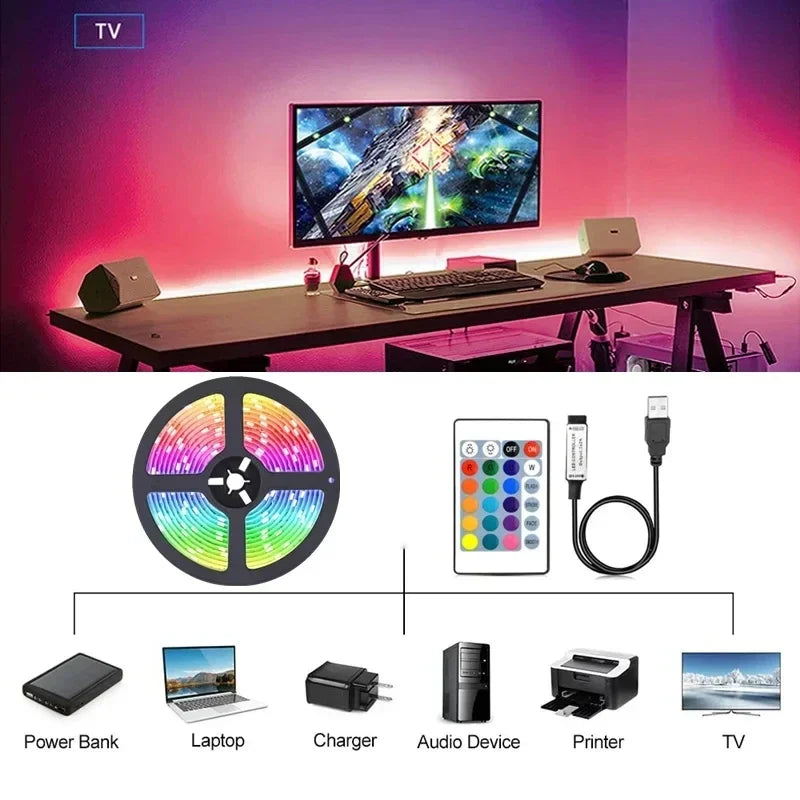 LED Strip Lights USB 5-10m 5050 RGB Colour Changing Tape for kitchen Cabinet, TV