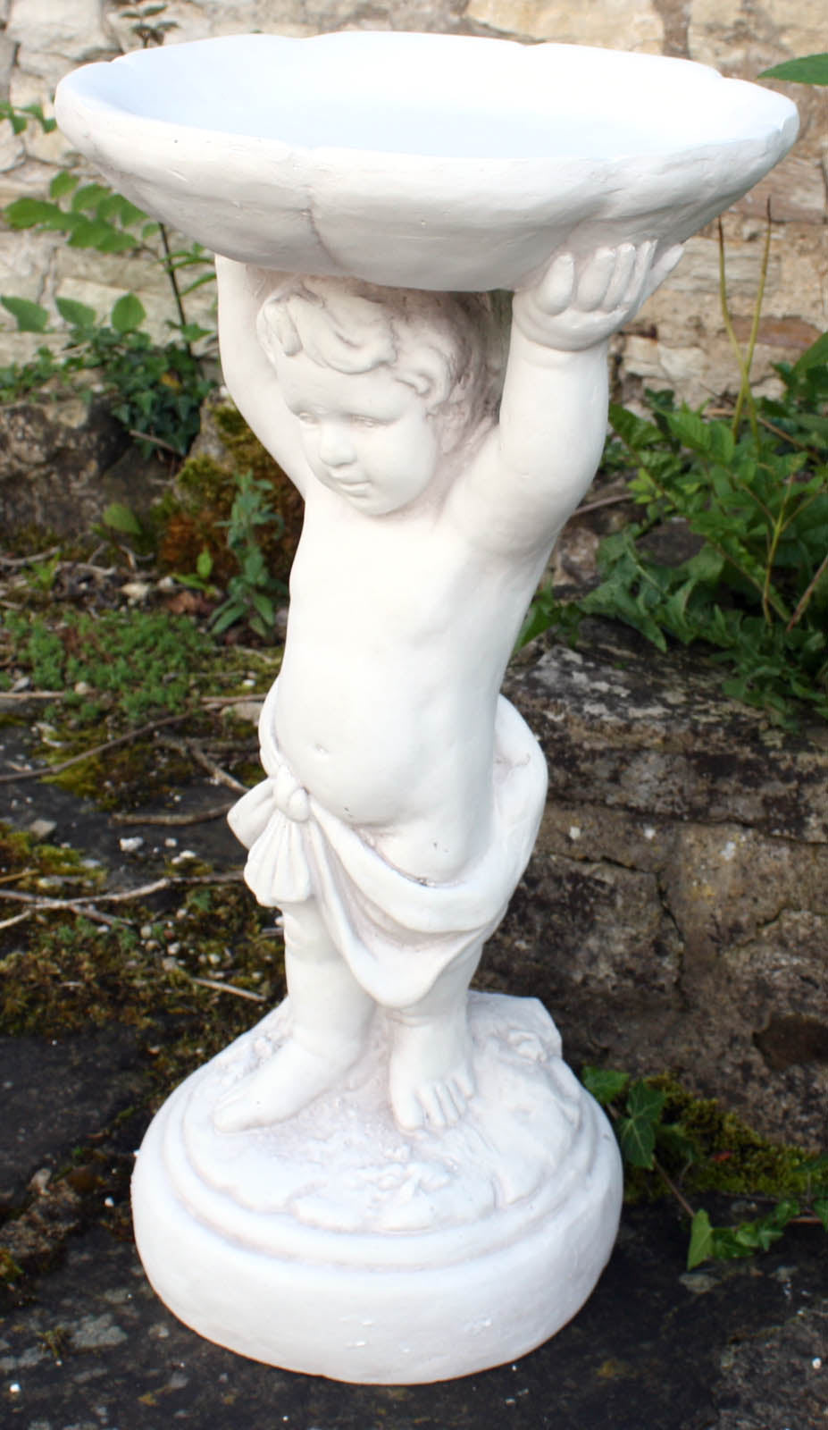 Stone Effect Cherub Bird Feeder & Bath Decorative Garden Accessory